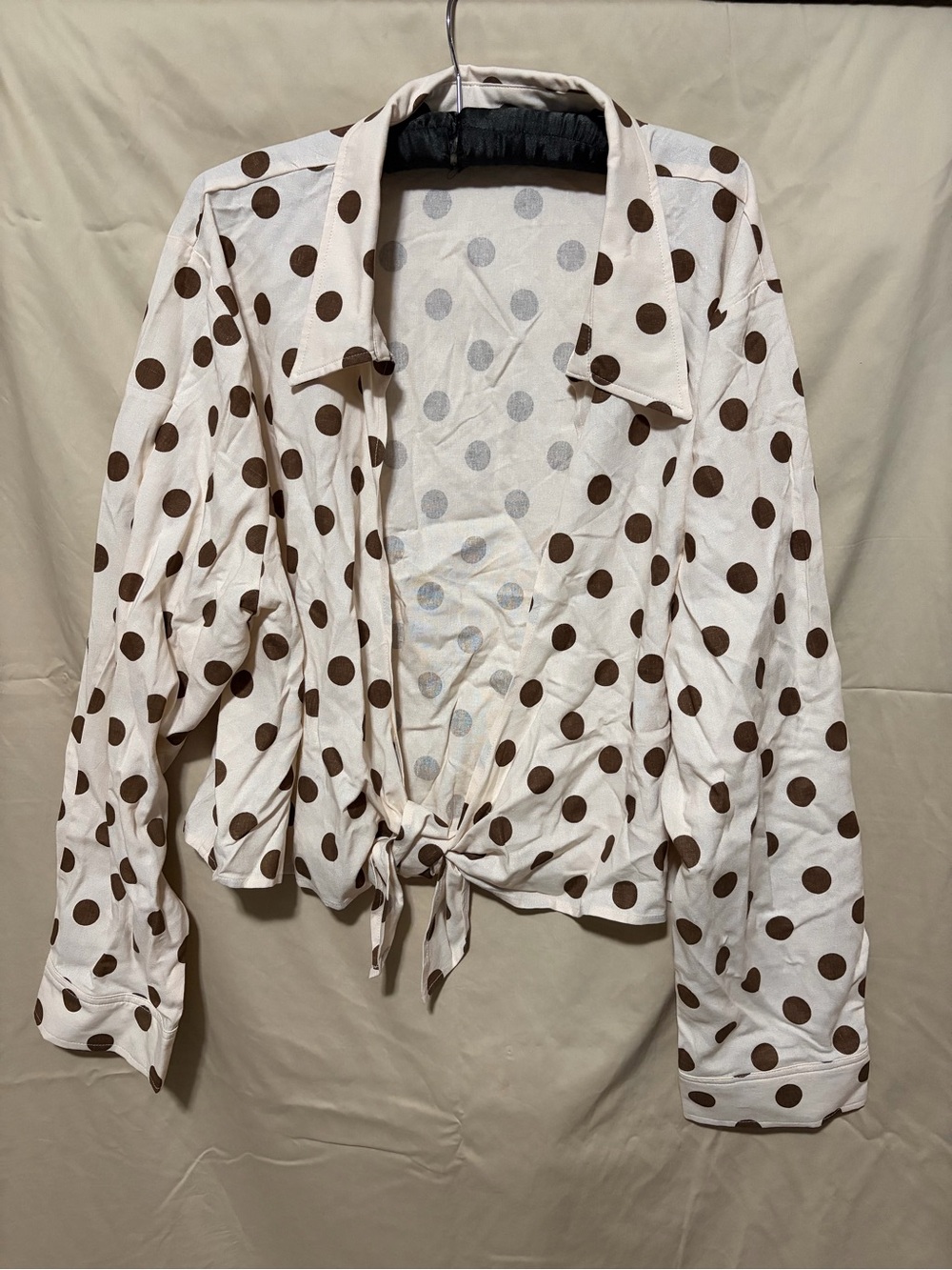 white birch Cream Polka Dot Tie-Front Blouse